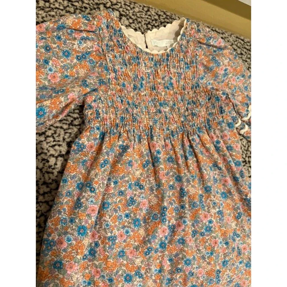 ZARA Floral Smocked Dress 4 years Blue Orange Puff Sleeve Cottagecore Boho Mini